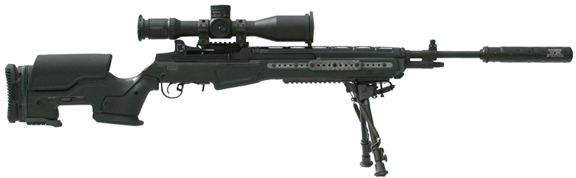 Photo of MFI 34mm Heavy Duty Sniper Ring mounted on a JAE M14 Sniper Stock with a Premier Reticles Sniper / Tactical Scope.