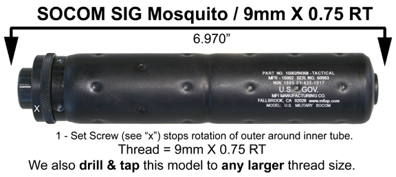 MFI SOCOM US GOV Engraved 9mm X 0.75 pitch for SIG Sauer .22 Caliber Mosquito Style Fake Silencer or 15+ Custom Threads Available