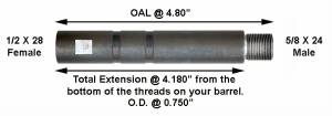 MFI 4.80" Long AR15 1/2 X 28 to AR10 5/8 X 24 Steel Adapter / Gets you about 3.10" of Extension / Price Includes S&H via USPS 1st Class & Insurance