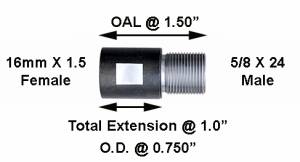 MFI 1.50" Long WWII MP40 / MP38 - 16mm X 1.5 pitch Right Hand to AR10 5/8 X 24 Right Hand Steel Adapter / Gets you about 0.700" of Extension or near ZERO as threads on MP40 are that long / Price Includes S&H via USPS Priority Mail & Insurance