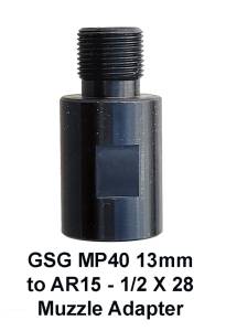 MFI GSG MP40 9mm adapter from 13mm X 1.0 Pitch Right Hand to standard AR15 ½ X 28 Right Hand (male). Price includes USPS Ground Advantage with Insurance. <b>If ordered with any other item with included S&H, $30.00 done manually after the order is placed.