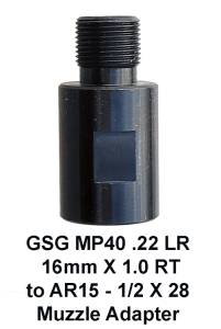 MFI GSG MP40 .22 LR adapter from 16mm X 1.0 RT to standard AR15 ½ X 28 RT. Price includes USPS Ground Advantage with Insurance. / $6.75 off if ordered with any other product with S&H included. Done manually after the order is placed.