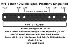 MFI Single Mil Spec. 1913 Picatinny Rail 6 inch long
