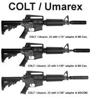 Your choices in "HIDE THE BARREL" MFI Fake Silencers & Barrel Shrouds for Colt / Umarex / Walther M4A1 / M16 / AR15 rifles in .22 caliber LR.