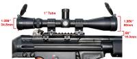 MFI 5.5" Long Low Profile Scope Mount for HK Weapons (Universal) on JLD HK 91 with MFI 30mm Medium Rise Heavy Duty Sniper Rings with 1 inch reducing inserts and Leopuld 1 inch tubed scope.